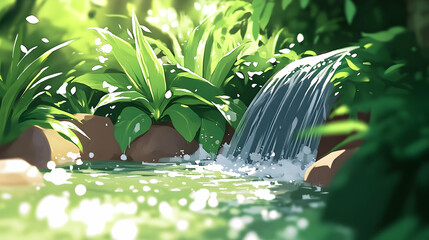 Lush jungle waterfall, sunlit stream, tranquility