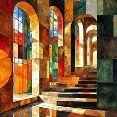 Colorful painting of a building with a staircase and arched windows