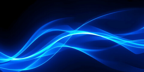 Abstract blue waves, neon glow, black background, digital art, electric energy, flowing lines, vibrant colors, smooth curves, futuristic design, dynamic movement, ethereal light trails, minimalist com