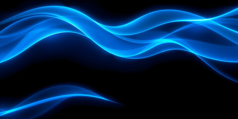 Fototapeta premium Abstract blue waves, neon glow, black background, digital art, electric energy, flowing lines, vibrant colors, smooth curves, futuristic design, dynamic movement, ethereal light trails, minimalist com