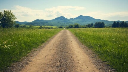 Fototapeta premium Serene dirt road leading through lush green fields towards distant mountains under a clear sky