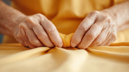 Close-up of two hands neatly folding yellow fabric, embodying the tactile elegance of craftsmanship and the beauty of handcrafted textiles in cozy environments.