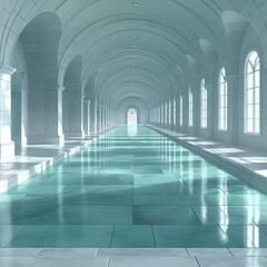 Obraz premium Long, narrow hallway with a large, blue pool in the middle