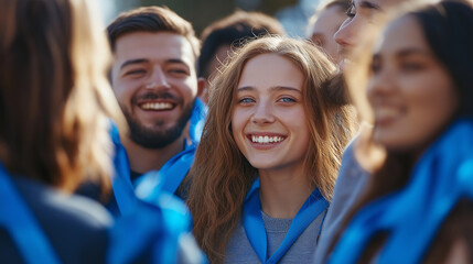 Group of young people wearing blue ribbons, symbolizing support and awareness for autism advocacy and inclusion.
