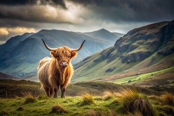 Zelfklevend Fotobehang Minimalist Highland Cow Landscape: Artistic Highland Cattle in a Serene Scottish Meadow