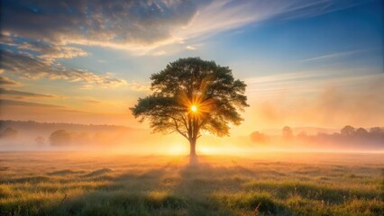 A lone tree stands above a sea of misty grassland at dawn, with warm sunlight slowly breaking through the veil of fog, casting an ethereal glow on the landscape , atmosphere, nature