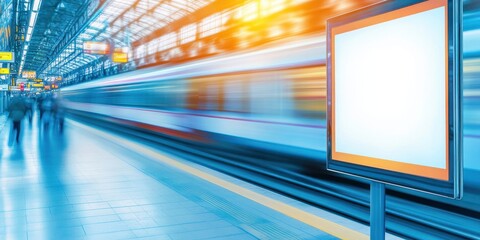 Fast Moving Train Beside A Stationary Ad Poster Board