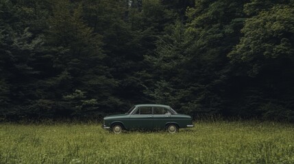 Vintage car parked in a lush green field with dense forest in the background, evoking nostalgia