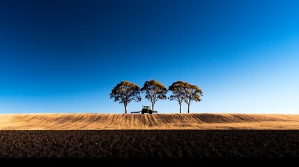 Obraz premium Tractor plowing field, three trees, clear sky, rural landscape, agricultural image