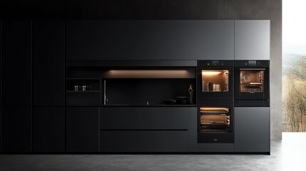 Fototapeta premium Elegant Black Kitchen Featuring Modern Stove and Oven with Sleek Design and Contemporary Accents Creating a Stylish Cooking Space Ideal for Culinary Enthusiasts and Home Chefs