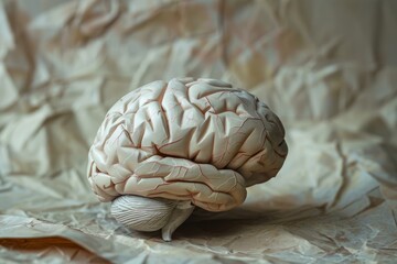 Anatomical model of human brain placed on crumpled paper, symbolizing complex thoughts and neurological research