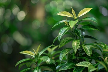 Fototapeta premium Close up of vibrant green leaves thriving in a tropical rainforest, capturing the essence of nature's beauty