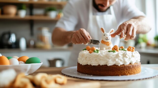 A baker passionately decorates a cake with a charming bunny and garnishes, showcasing creativity and dedication to crafting a delightful dessert for every celebration.