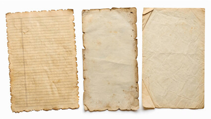 old sheet of paper,three vintage and antique paper textures, stained g with ripped / torn edges and old French ledger paper isolated on white a background, blank textured sheets as backgrounds or pari