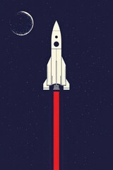 Obraz premium An illustration of a rocket launching up into the starry night sky, with a crescent moon visible. The background is a deep purple, giving a sense of adventure.