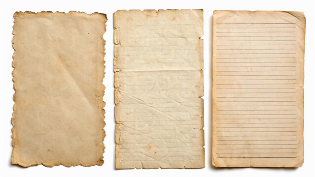 three vintage and antique paper textures, stained g with ripped / torn edges and old French ledger paper isolated on white a background, blank textured sheets as backgrounds or paris, shabby, chic, li