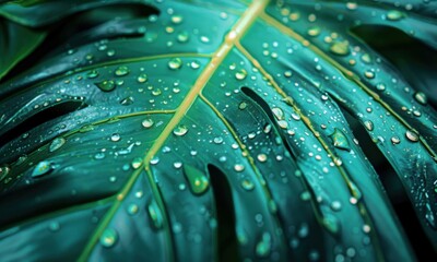 Green Tropical Leaf With Water Drops Close Up
