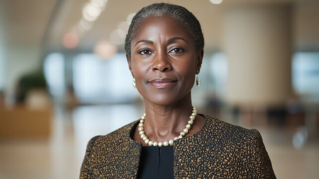 A confident woman wearing a patterned jacket and a pearl necklace stands in a modern, softly-lit office environment, projecting professionalism and warmth.