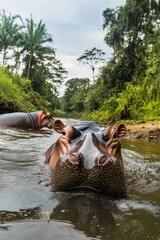 Two hippos swimming and eating aquatic plants, suitable for wildlife or nature-themed designs