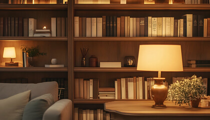 Detailed view of a wooden bookshelf filled with books of various genres, illuminated by warm lamp light in a cozy caf?(C)  -