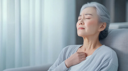 Fototapeta premium Elderly Asian female with chest pain and chest tightness