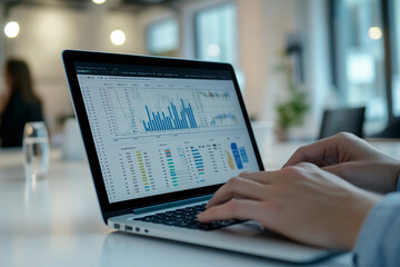 Person analyzing data on laptop with graphs in bright office setting during daytime