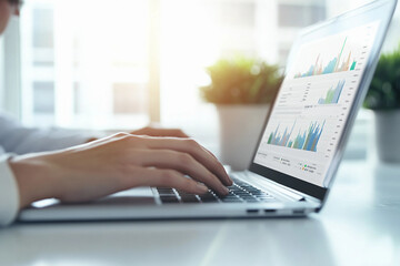 Person analyzing data on laptop with graphs in bright office setting during daytime