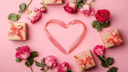 A Heartfelt Arrangement: A Delicate Composition of Soft Pink Roses and Miniature Gift Boxes, Artfully Arranged to Form a Heart-Shaped Pattern, Symbolizing Love and Affection.