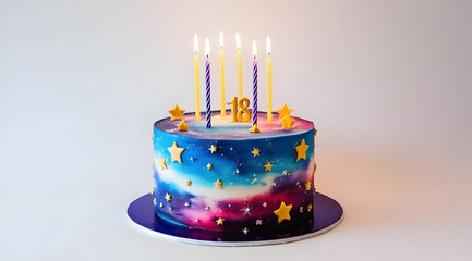 A colorful galaxy-themed birthday cake adorned with candles and stars, celebrating a special 18th birthday.