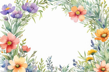 Obraz premium Watercolor illustration of a frame of wildflowers with an empty space for text in the middle on a white background.