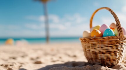 This image depicts a basket filled with pastel-colored eggs resting on warm beach sand, capturing the essence of Easter surrounded by a serene coastal environment.