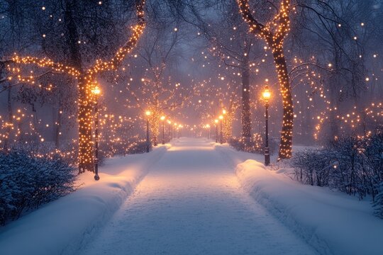 A serene winter landscape with a snowy path lined with snow-covered trees