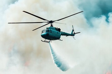 A helicopter emerges from a cloud of smoke, with blurred background