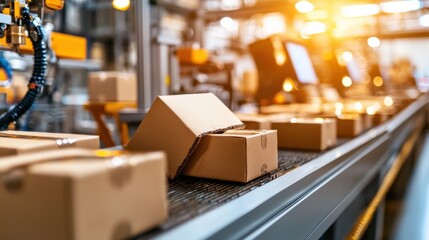 Automated Warehouse Conveyor System with Cardboard Boxes for Efficient Logistics and Supply Chain