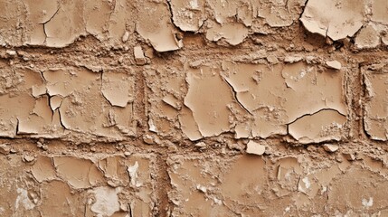 A worn-out brick wall with peeling paint, perfect for background or texture