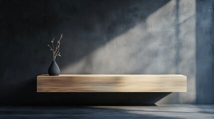 Wooden TV cabinet on dark background. Wood stage display product. Empty stand pedestal of natural wood for luxury product presentation. Realistic modern design