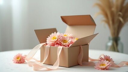 Opened gift box with ribbon and flowers on stylish minimalist background for celebrations