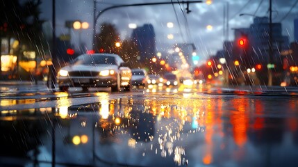 Obraz premium realistic_city_street_at_dusk_with_streetlights_cars