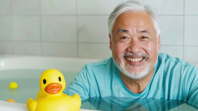 Grey-Haired Man In Bath With Toy Duck, Aqua Shirt. - Powered by Adobe