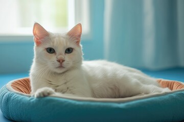 A white cat relaxes on a blue bed, a cozy scene