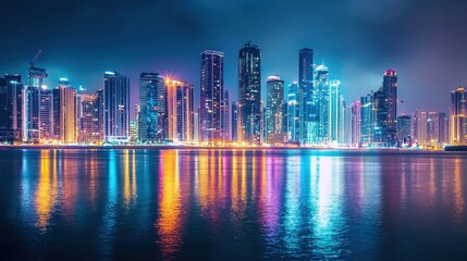 Fototapeta premium Vibrant city skyline illuminates the waterfront at night with colorful reflections in calm waters