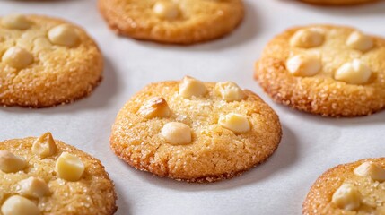 Freshly baked macadamia nut cookies on parchment paper arranged in a tempting pattern