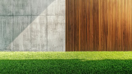 Modern interplay of concrete and wood against a lush green backdrop in an urban setting