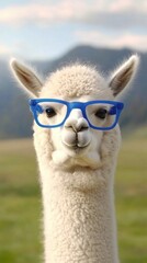 Obraz premium A charming white llama is wearing blue glasses, giving a whimsical touch to the serene natural backdrop with mountains and a clear sky.