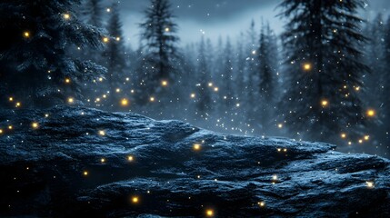 Serene Pastel Bokeh Lights in a Calm Forest Landscape at Night
