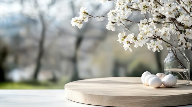 The image showcases several eggs accompanied by delicate flowers in an elegant glass jar, set against a blurred natural background, reflecting themes of new beginnings and vitality.