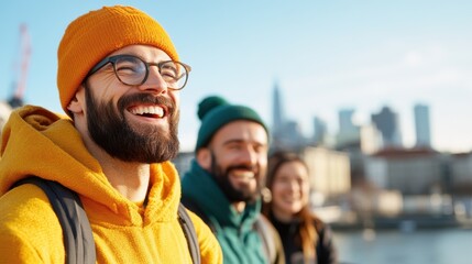 Obraz premium A group of smiling friends in colorful winter attire stands together against an urban backdrop, radiating warmth and camaraderie on a bright, sunny day.