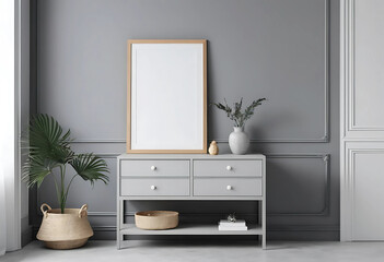 Grey gallery room interior with drawer and decoration, blank mockup frame