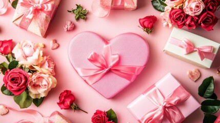 A Heartfelt Arrangement: A Delicate Composition of Soft Pink Roses and Miniature Gift Boxes, Artfully Arranged to Form a Heart-Shaped Pattern, Symbolizing Love and Affection.