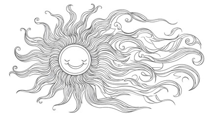 Smiling Sun with Flowing Hair: A Whimsical Line Art Design, Perfect for Coloring Pages and Creative Inspiration